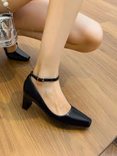 Women's Black Glossy High Heel Shoes, One-Strap Buckle Square Toe Chunky Heel, Comfortable For Casual